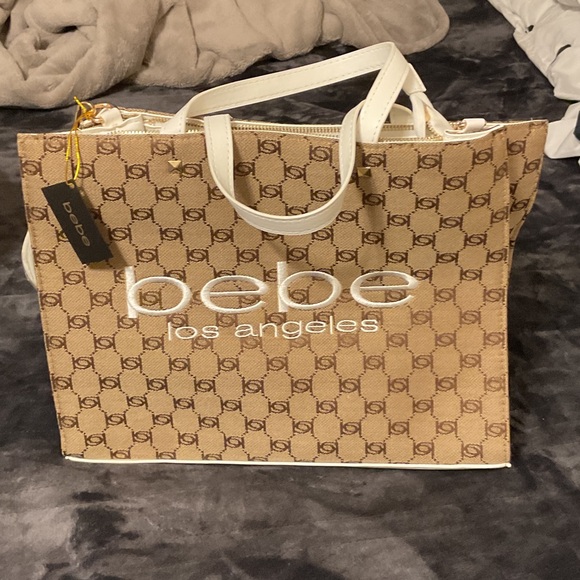bebe Handbags - Bebe Beige and White Logo Tote
